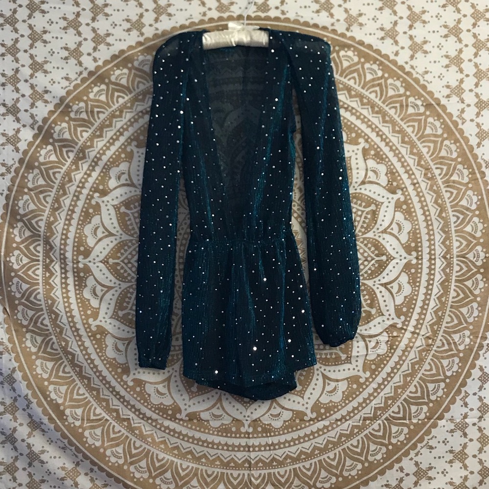 Metallic Blue Deep V-Front Romper, Size 2